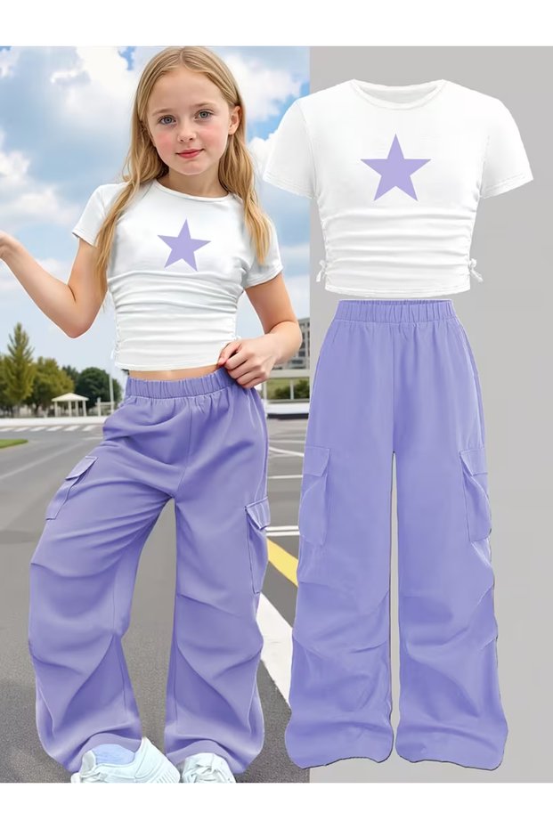 Children's New Star Printed Crop T-Shirt - Wide Leg Pocketed Tracksuit Set