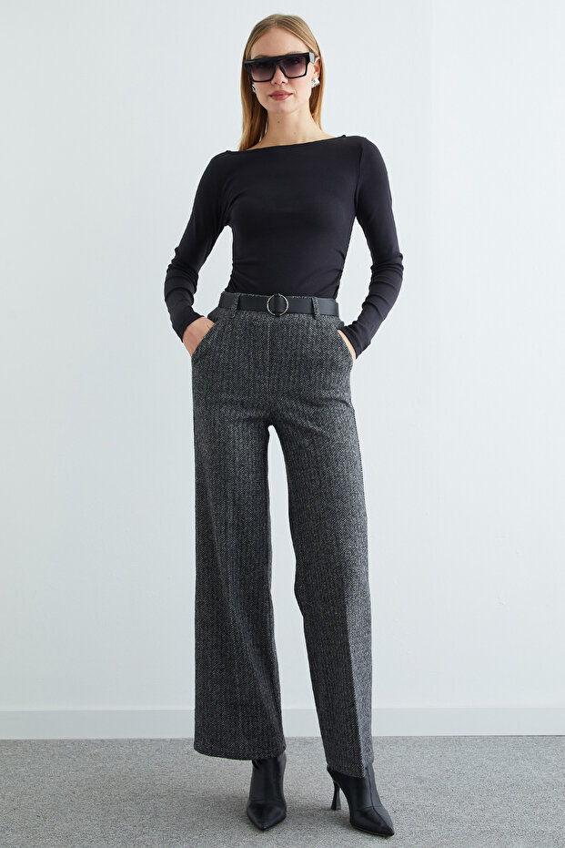 Arched Herringbone Palazzo Pants - 1