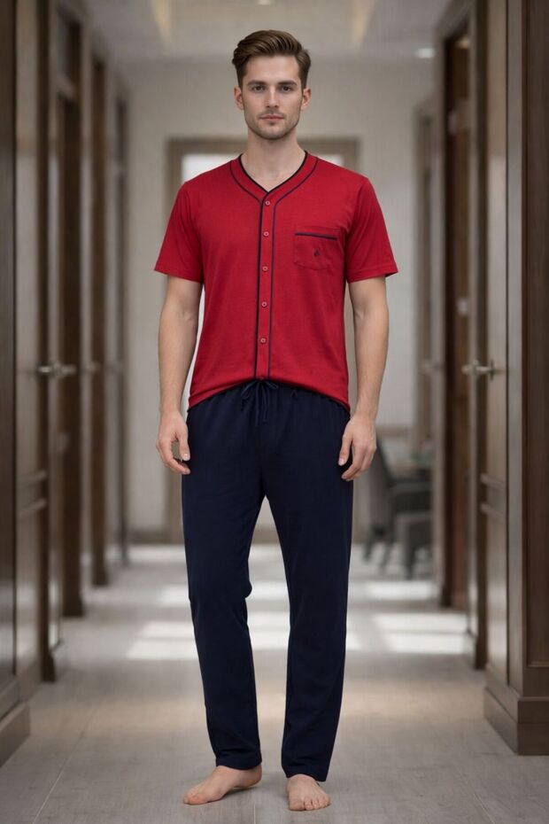 Men's 100% Cotton Pajama Set, Burgundy, Buttoned at the Waist
