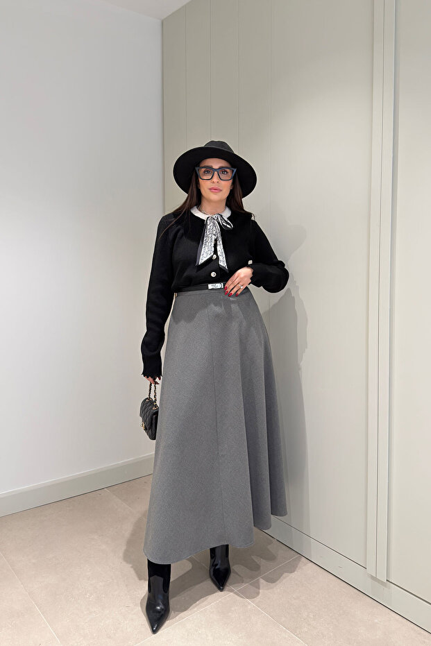 تنورة ميدي واسعة - رمادي - 4