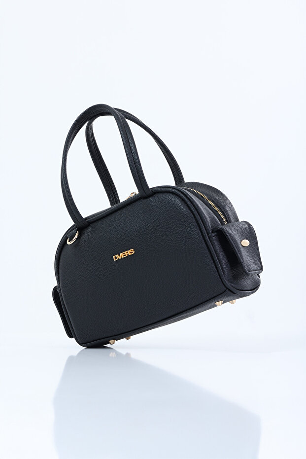 Black strap hand and shoulder bag with gold accessory detail
