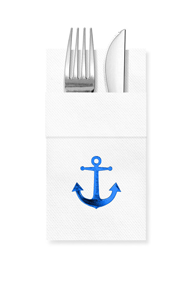 40X40 cm Blue Foil Anchor Patterned White Paper Napkins with 16 Pockets