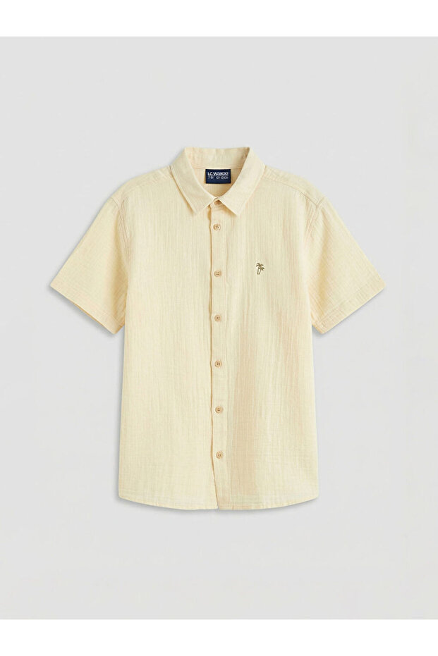 Beige Short Sleeve Embroidered Boys' Muslin Shirt