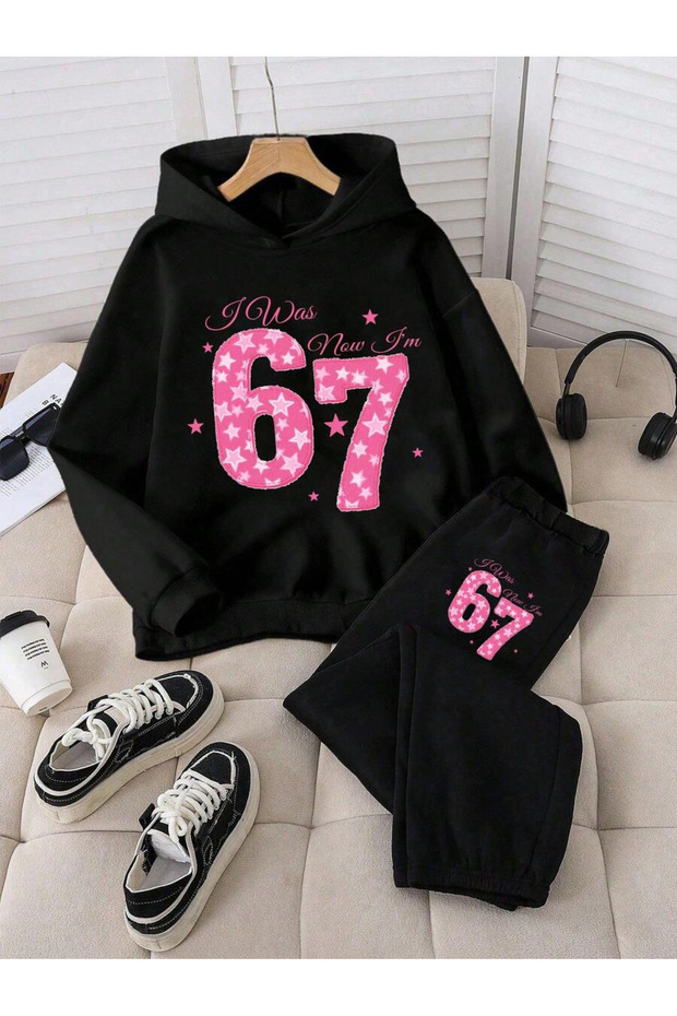 Funny Number Printed Hooded Combination Bottom-Top Tracksuit Set