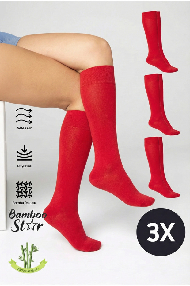 Bamboo Women's Knee-Length Red Long Seamless Socks 3-Piece / Pants Socks / Skin-Free Socks