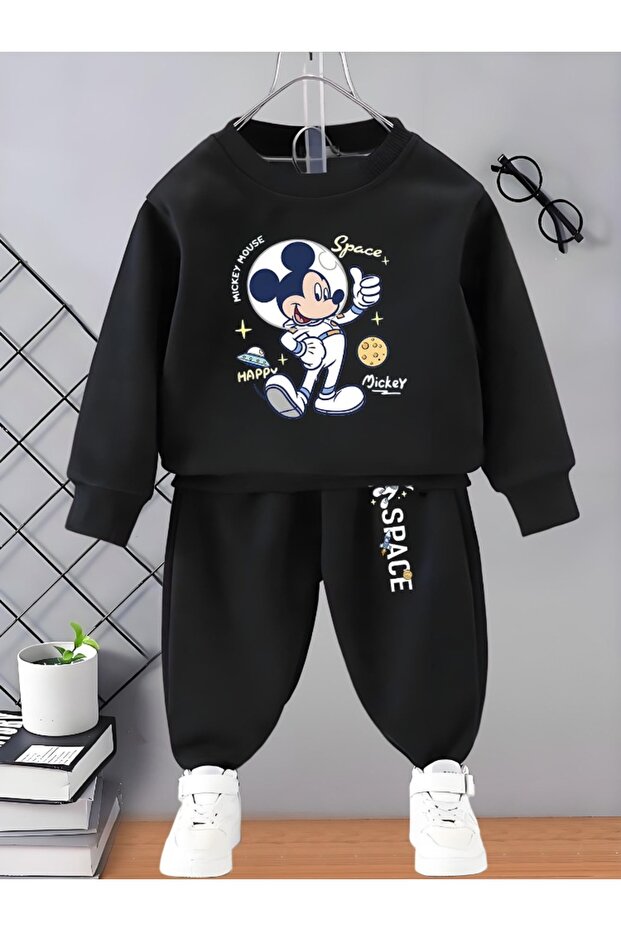 Mickey Printed Crew Neck Combination Bottom and Top Tracksuit Set