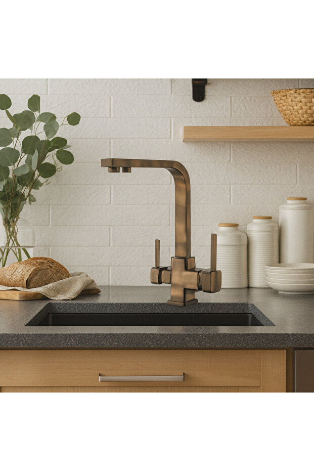 Cubix Purified Antique Square Kitchen Sink Faucet – Double Handle, 360 ° Rotary Pipe