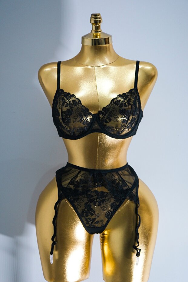 Siyah Dantelli Jartiyer Set - 4