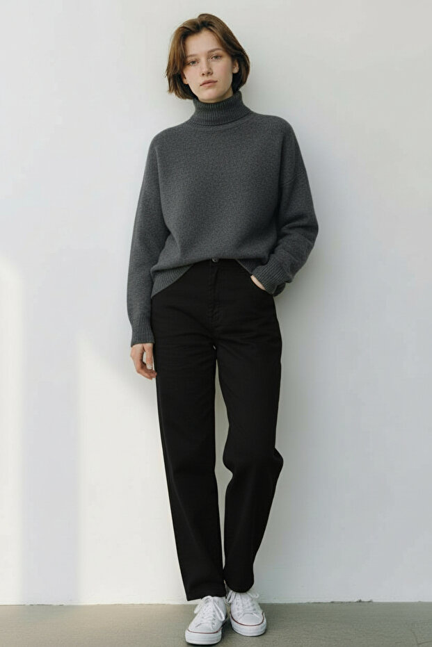 Anthracite Turtleneck Basic Knit Sweater - 1