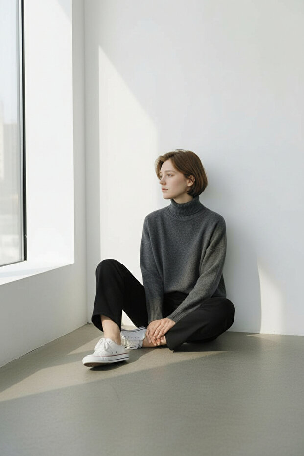 Anthracite Turtleneck Basic Knit Sweater - 4
