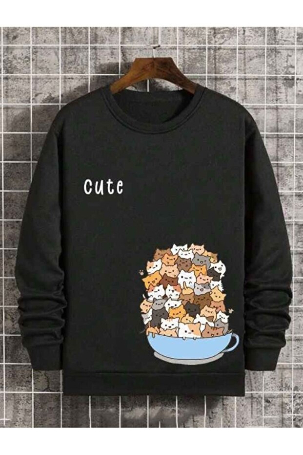 Cute Printed Beer Bowl Cat Unisex Winter Children's Sweatshirt Black