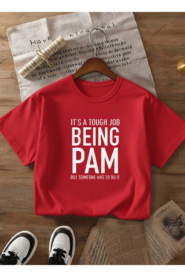 Unisex Red Being Pam Printed Crew Neck T-Shirt
