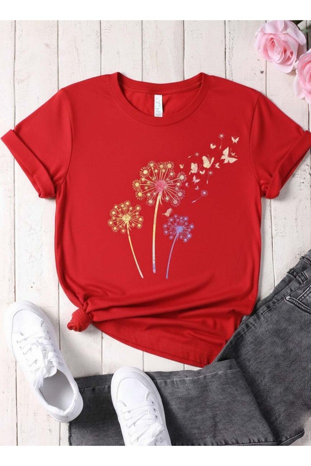 Unisex Red Dandelion Printed Crew Neck T-Shirt
