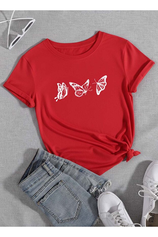 Unisex Red 3-Piece Butterfly Printed Crew Neck T-Shirt
