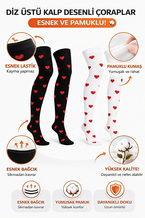 DİZÜSTÜ KALPLİ ÇORAP 2 ÇİFT - 2