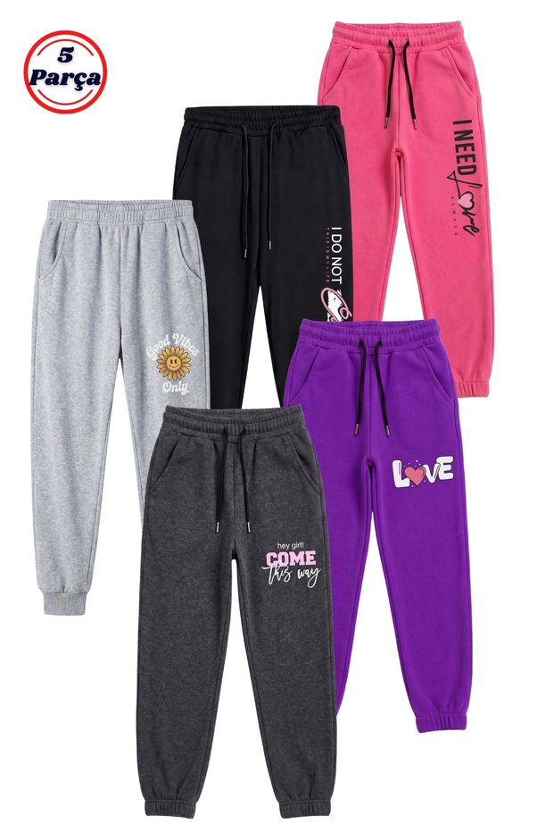 5-Piece Print Detailed Jogger Girls' Sweatpants with Elastic Legs