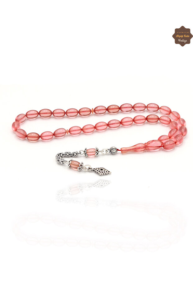 Powder Pink Barley Cut Small Size Silver Tassel Fire Amber Prayer Beads 201024963