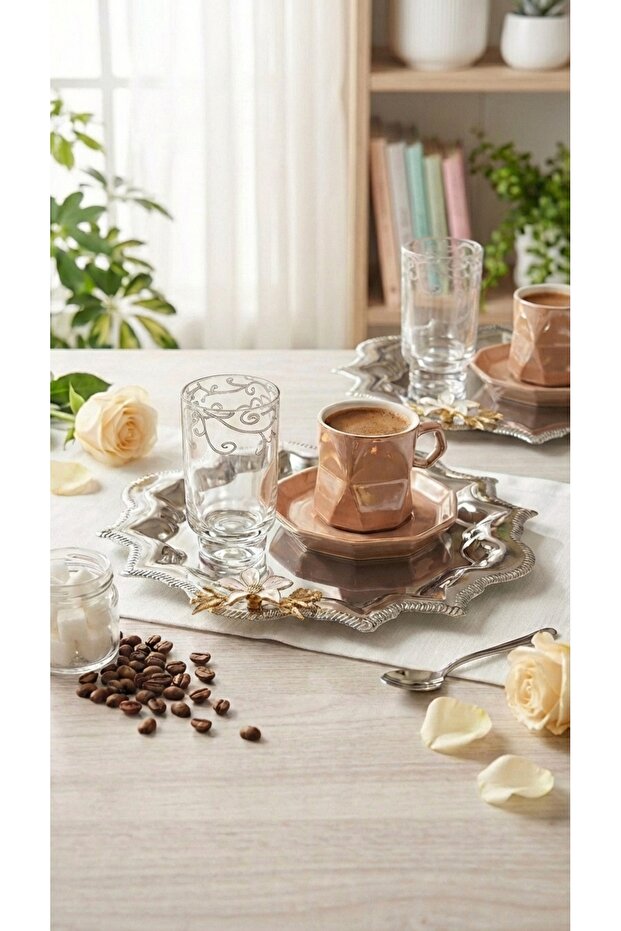 2-Piece Wavy Corners Mini Daisy Stainless Steel Tea Coffee Engagement Presentation Tray Gold Silver 24X24Cm