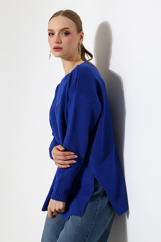 Women's Boat Neck Hem Slit Knitwear Sweater