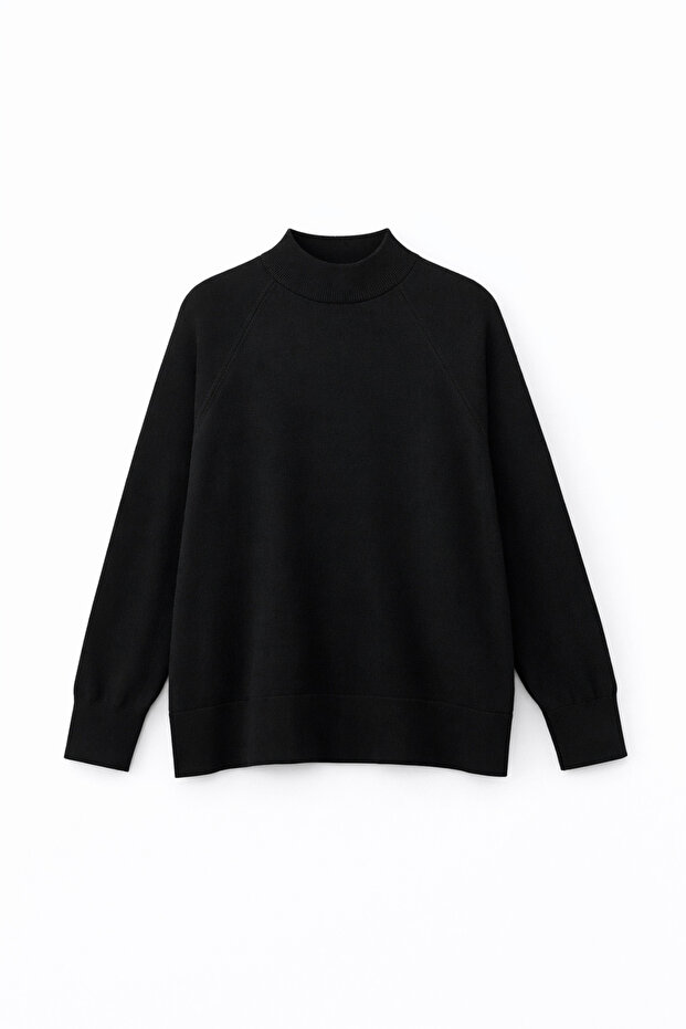 7003 Kadın Oversize Dik Yaka Basic Triko Kazak Siyah - 2