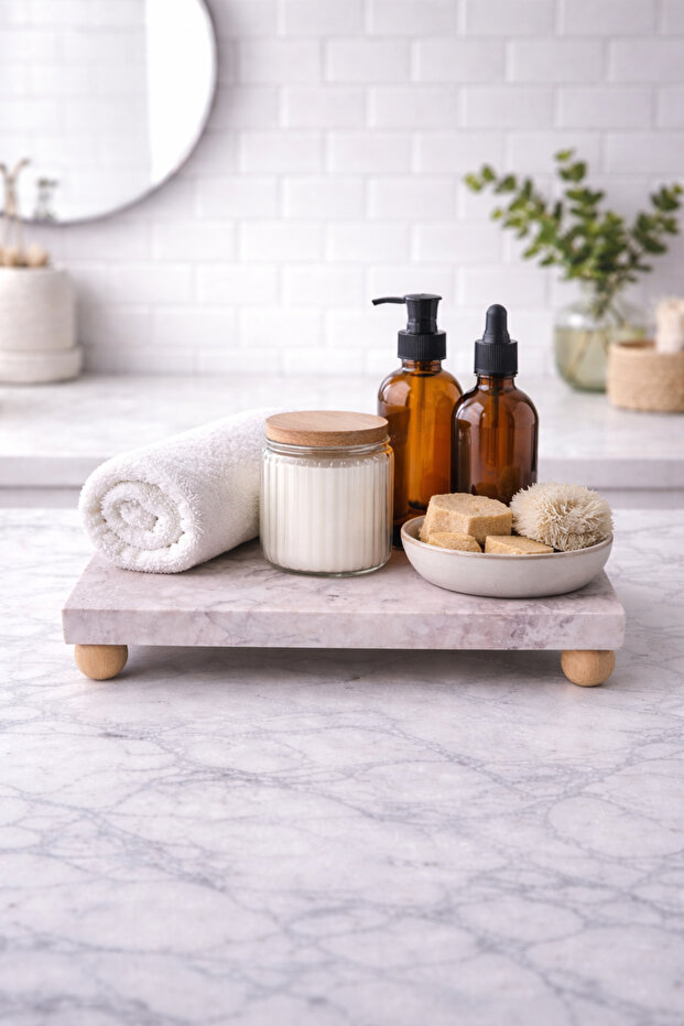 Natural Marble Pedestal Serving Tray & Bathroom Kitchen Counter Top Organizer Stand