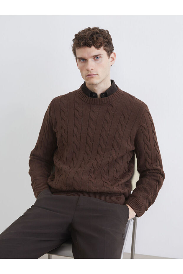 Brown Crew Neck Patterned Men's Knitwear Sweater