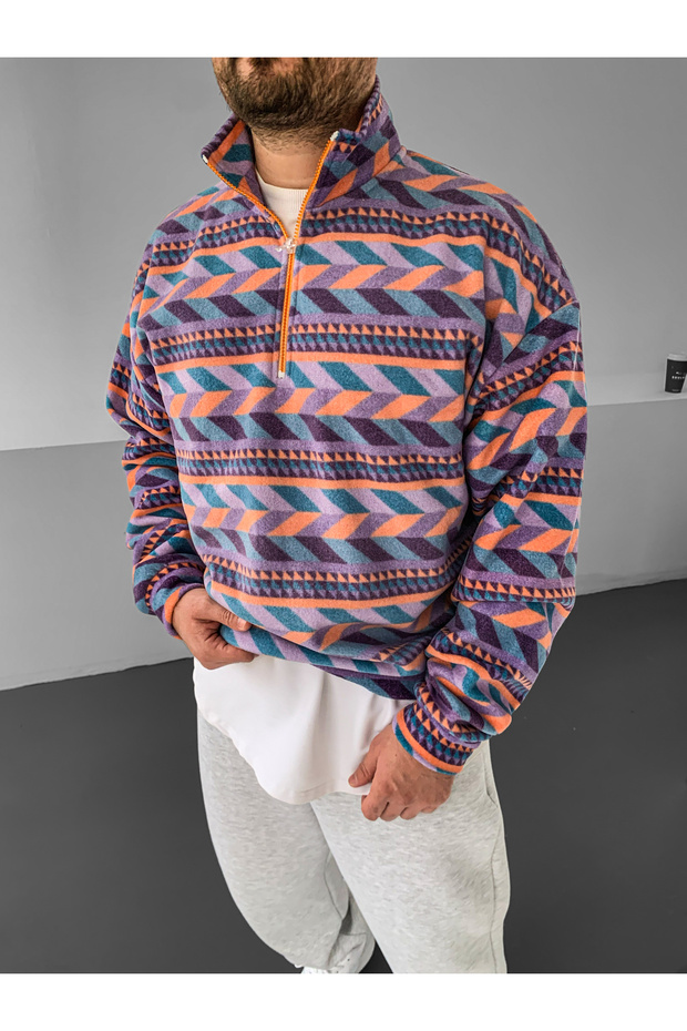 Zigzag Patterned Fleece Zippered Collar Oversized Sweatshirt