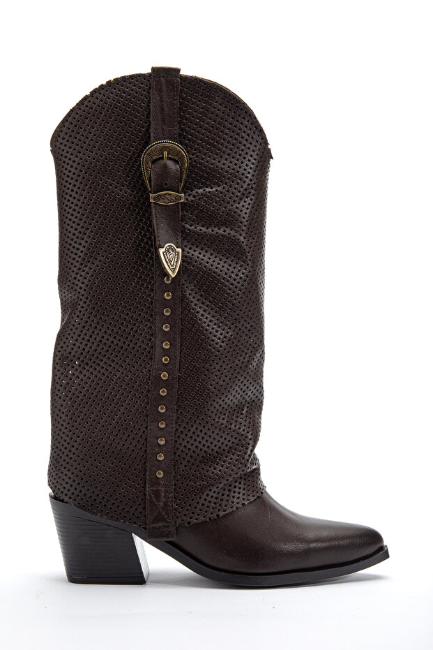 Brown Genuine Leather Studded Detail Leg Trousers Western Cowboy Boots