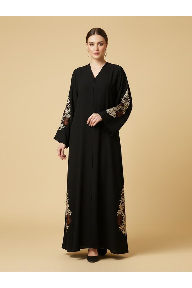 Elegant Black Floral Embroidered Abaya For Women's Button Closure V-neck Long Sleeve Muslim Abaya