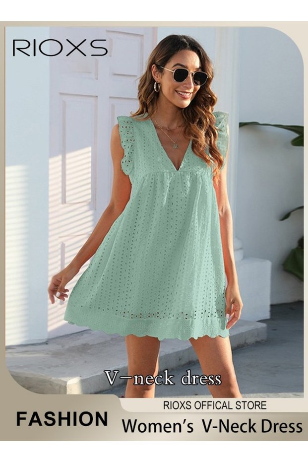 Women V Neck Ruffle Short Sleeve Mini Dress, Summer Breathable Hollow Out Eyelet A Line Dress for La