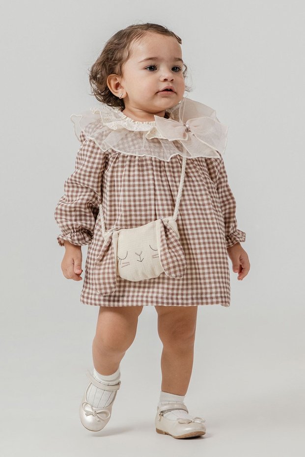 Princess Collar Tulle Guipure Pötükare Dress with Bag 2-Piece Baby Girl Set - Brown