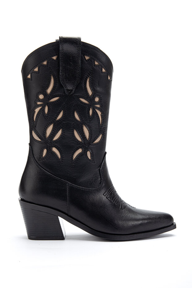 Black Genuine Leather Embroidered Western Cowboy Boots
