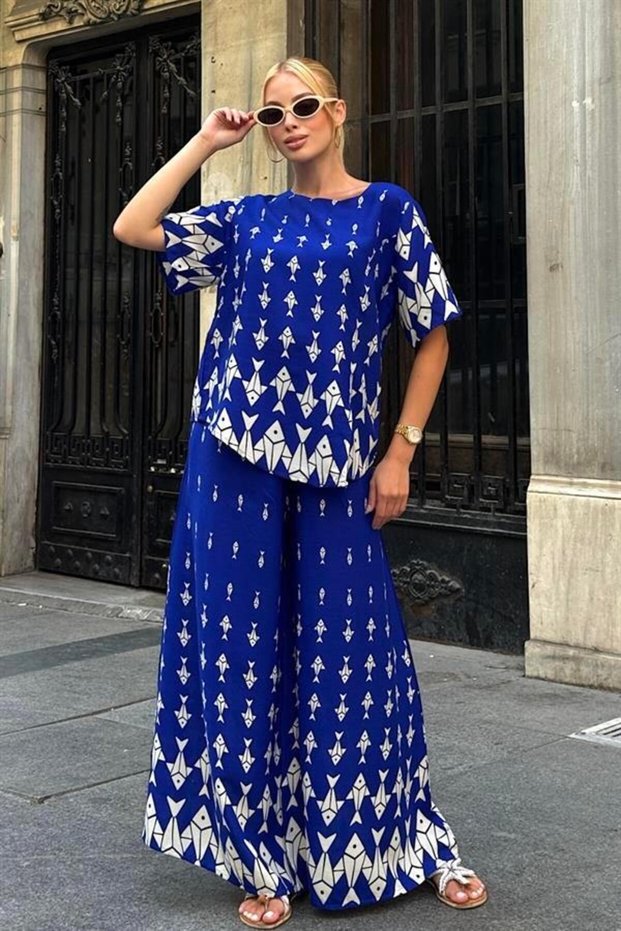 Cobalt Blue Fish Patterned Boat Neck Elastic Waist Pocketed Wide Leg Two-Piece Set