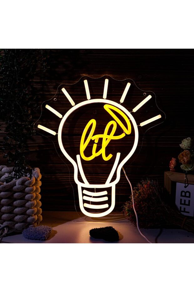 "إنها مضاءة!" لافتة نيون LED بمصباح إديسون - مصباح جداري أصفر 32 × 35 سم