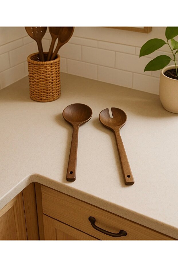 Set of 2 Acacia Wood Salad Serving Spoons Natural Wooden Presentation Spoons