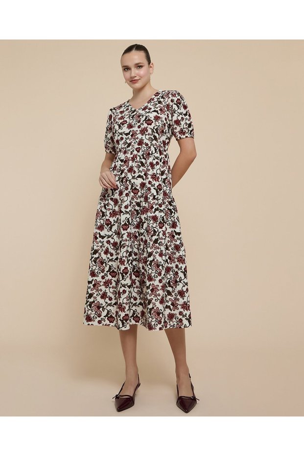 Floral Print Midi Dress With V-Neck And Puff Sleeves