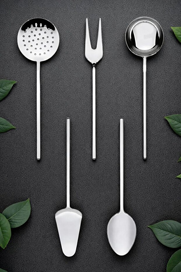 5 Piece Ladle Colander Spatula Serving Spoon Fork Set Stainless Steel