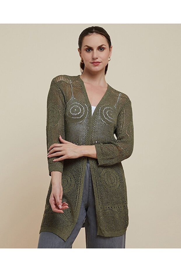 Women's Dark Olive Knitted Shrug With Long Sleeves