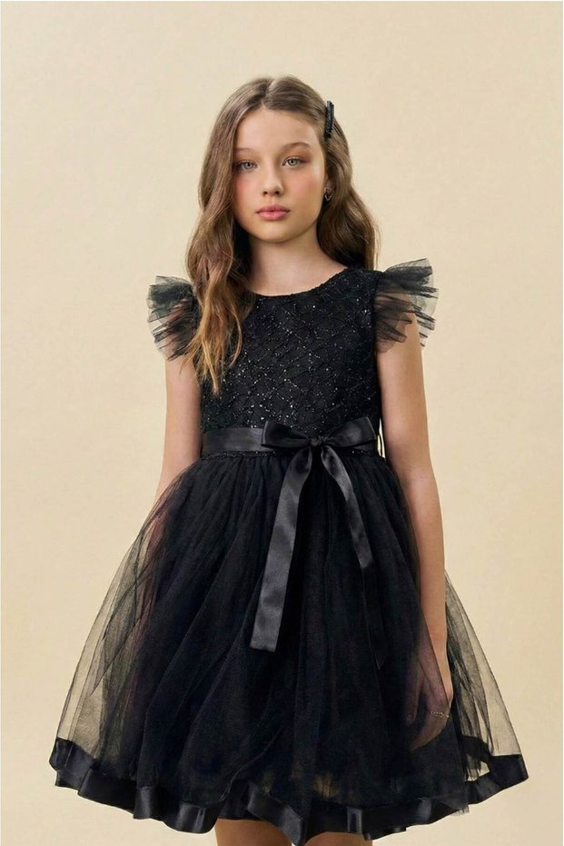 Girls' Zero-Sleeve Dress Tulle Sequin Embroidered Evening Dress Comfortable and Stylish Birthday Dress 4-9 Years Old