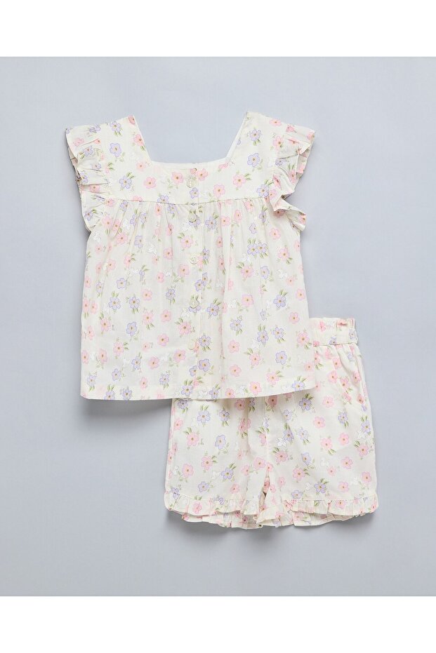 Girl's Ivory Floral Print Top And Shorts Set