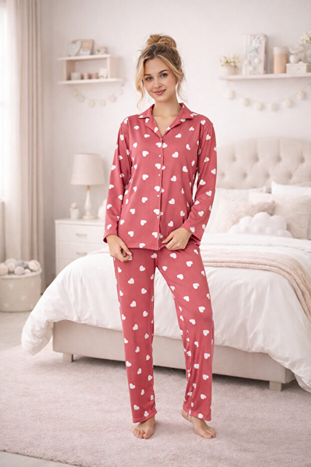Women's Heart Quality Milan Fabric Shirt Collar Buttoned Soft Tuşe Pajama Set