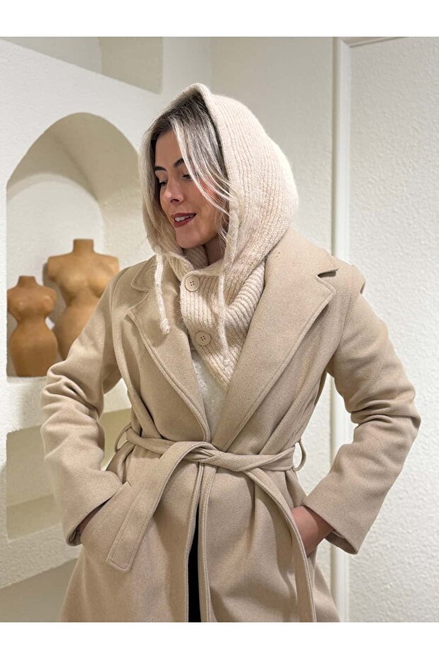 Krem Düğmeli Balaklava - 2