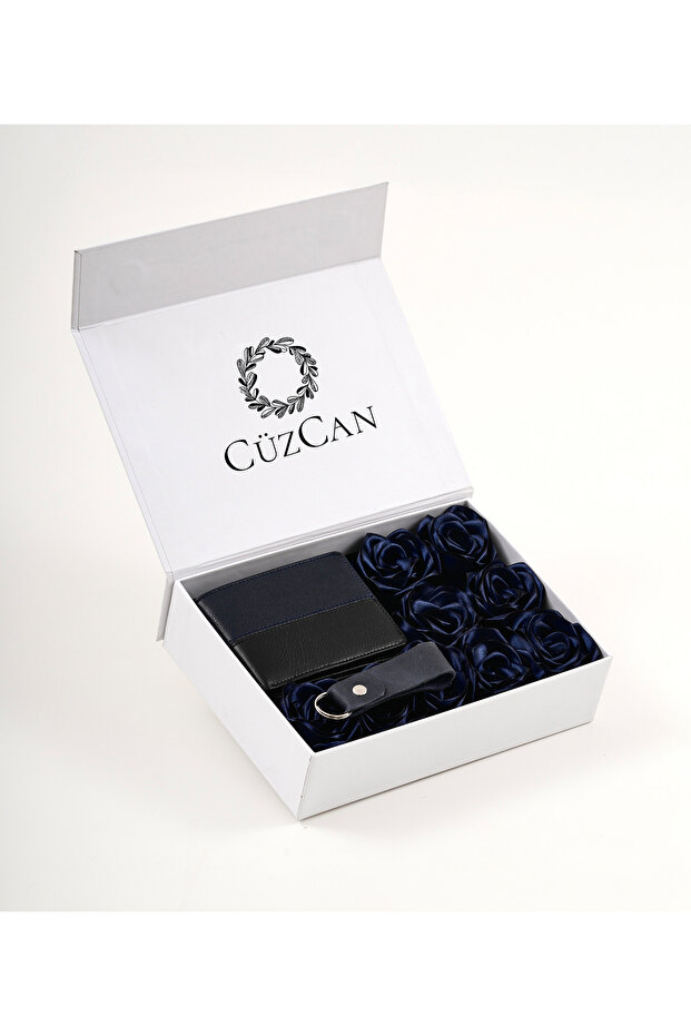Premium Gift Rose Box - Frankfurt Navy Blue Genuine Leather Wallet - Keychain and Navy Blue Rose Box