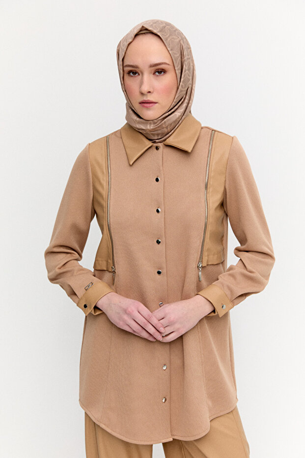 Suni Deri Detaylı Örme Tunik - 3