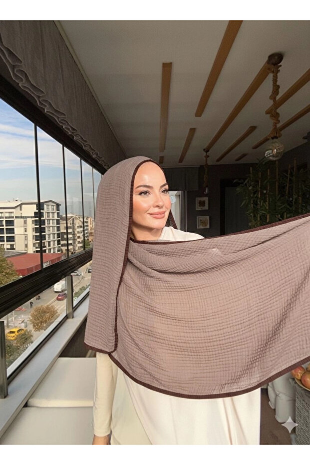 Muslin Shawl - Piped Muslin Shawl Brown-Dried Rose