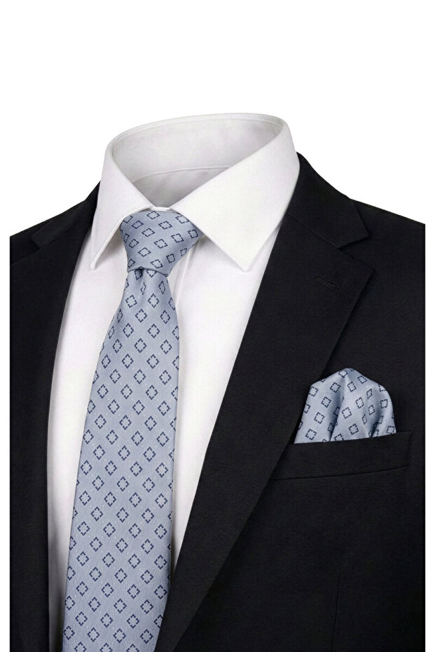 Gray Patterned Silk Tie Set - 1
