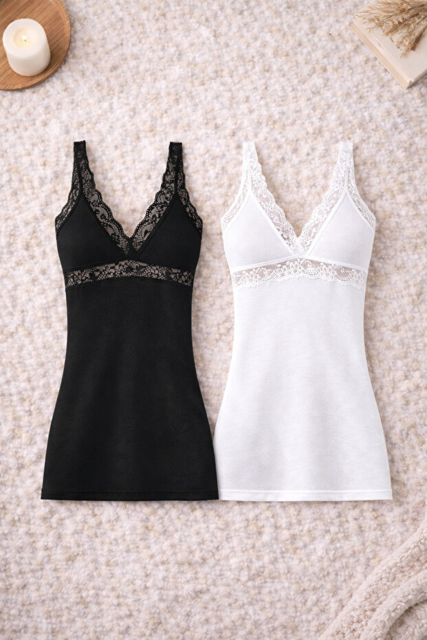 Women's Modal Cotton Stretch Fabric Lace Detailed Strappy Black & White 2-Piece Undershirt