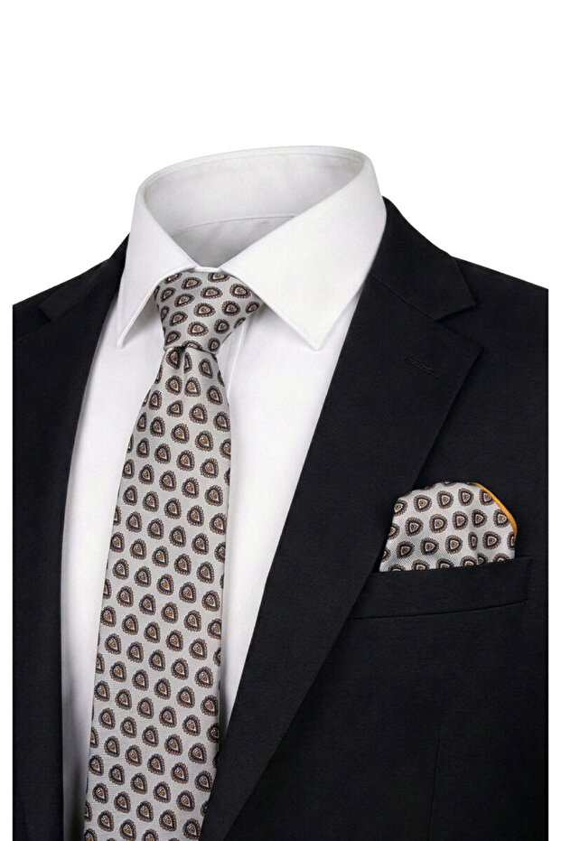 طقم ربطة عنق حريرية منقوشة بلون الكريم - 1