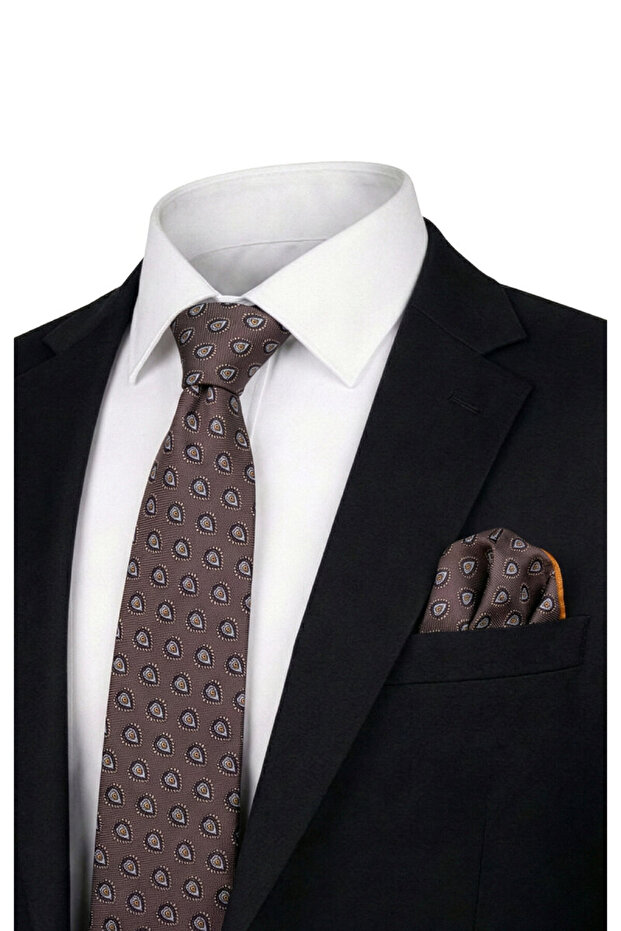 Brown Patterned Silk Tie Set - 1