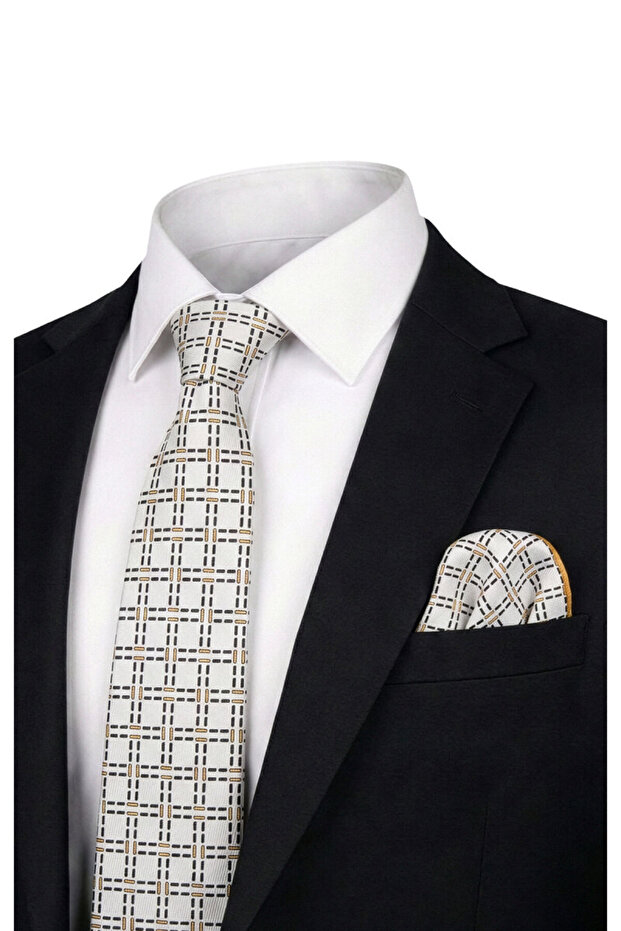 Ecru Patterned Silk Tie Set - 1